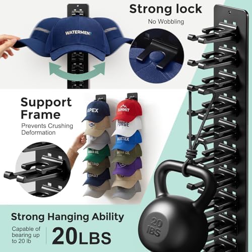 2 Pack Hat Organizer for Baseball Caps,Detachable DIY Hat Rack for Wall Hold Up to 22 Hats,Baseball Cap Organizer Cap Holder Hat Hangers for Wall Closet Door Bedroom (1A-Black) - Image 3