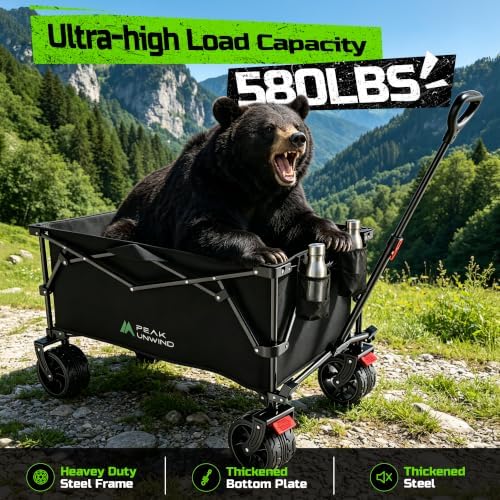 400L Folding Wagon Cart with Brakes & Removable Table, 580lbs Heavy Duty Collapsible Wagon, Big All-Terrain Wheels for Camping, Sports, Grocery, Outdoor - Black - Image 4