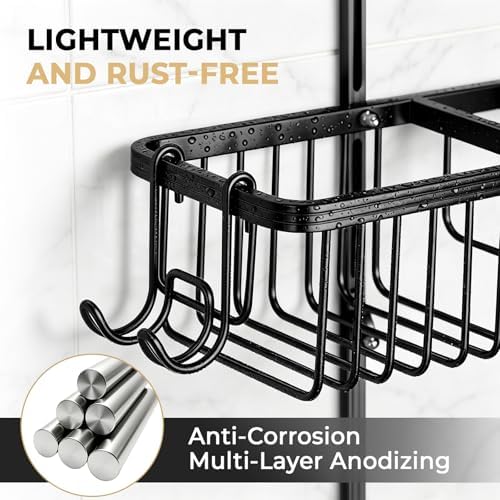 Adjustable Hanging Shower Caddy for Handheld Showerhead, Rustproof Aluminum Over Shower Head Organizer, Renter-Friendly No-Swing Storage for Tall Bottles & Soap, 2-Tier, Black - Image 4