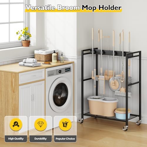 BORISI Broom And Mop Holder, Movable Broom Closet Storage Cabinet, Cleaning Cart with Mop Hanger Gripper Rack, Janitorial Cart, Utility Carts, Laundry Room Organization Home Essentials - Image 3