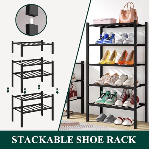 Smiry Bamboo Shoe Rack, 8 Vertical Slats, 3 Tier - 17.3" Wide, Black - Image 4