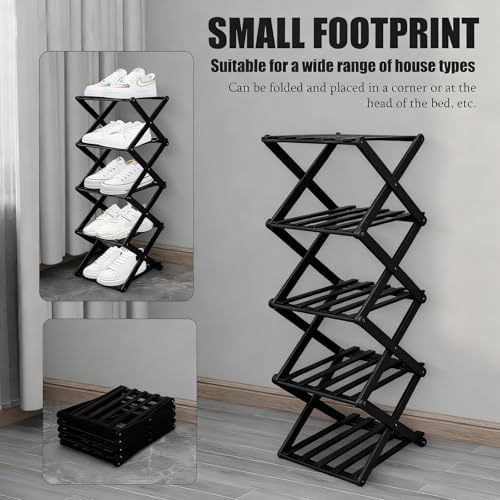 Vertical Black Shoe Rack Small, 5 Tier Portable Folding Shoe Storage Rack, Without Installation Free Standing Shoe Rack for Corridors, Bedrooms Living Room Corner and Small Spaces - Image 5