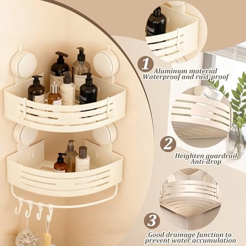 Corner Shower Caddy Bathroom Organizer（2-Pack Cream White）,No-Drilling Aluminum Suction Cup Corner Shower Shelf with Towel Bar & Hooks,Detachable and Reusable Bathroom and Kitchen Storage - Image 2