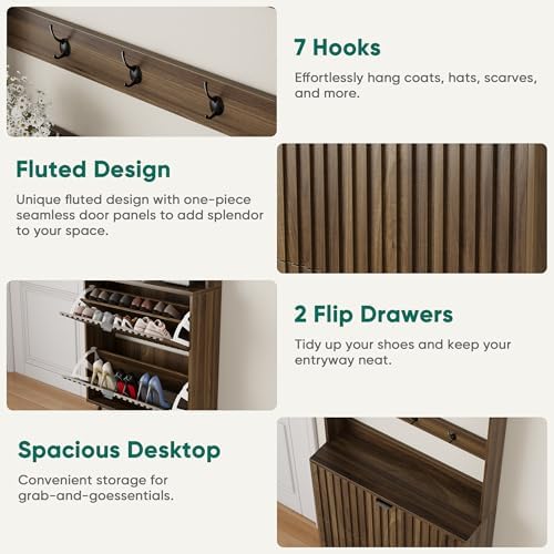 Smuxee Shoe Cabinet with 2 Flip Drawers & Coat Rack Hooks, 31.5" Walnut Hidden Shoe Storage Cabinet, 2-in-1 Hall Tree Slim Freestanding Shoe Rack Organizer for Entryway, Hallway, Living Room - Image 5