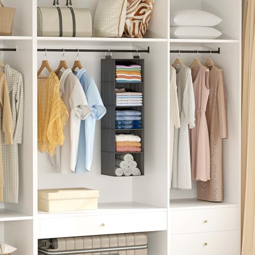 Lifewit Hanging Closet Organizer and Storage for Clothes 5 Tier | Portable, Foldable, Fabric, Top of Shelves with 2 Sturdy Hooks, Clothing Organization for Wardrobe, Dorm, Bedroom, Gray - Image 2