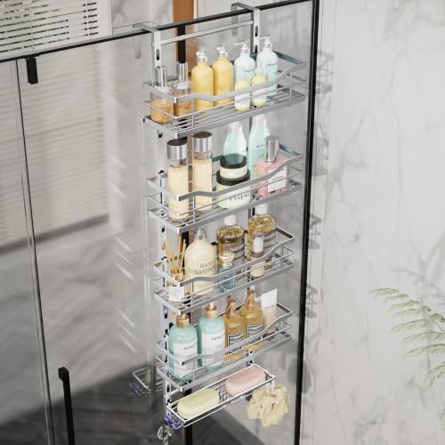 SWTYMIKI Over the Door Shower Caddy - 5 Tier Adjustable Shower Organizer Hanging with Soap Holder, No Drilling Stainless Steel Bathroom Rack Hanging for Body Wash, Shampoo, Soap, Razor, Silver by SwtyMiki-TidyHomeSweetLife