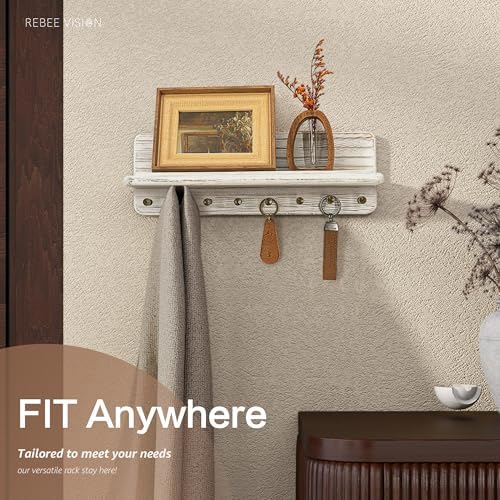 Rebee Vision Key Holder Wall Mount with Shelf Room Decor, Distressed White - Image 6