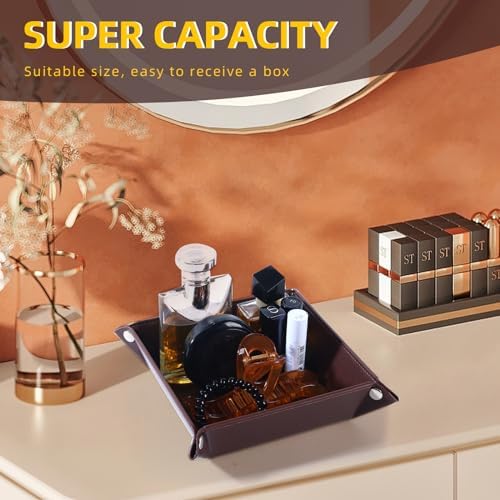 Valet Tray for Men Women - PU Leather Travel Catchall Tray Organizer - Desk Bedside Nightstand Storage Box for Jewelry Key Phone Remote Controller Wallet Watch Glasses Coin Readers - Square - Image 3