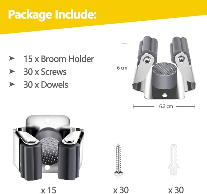 Verdenu 15 Pack Broom Holder Wall Mount, Mop and Broom Holder Wall Mount, Stainless Steel Command Broom Holder with Screws, Garden Tool Storage Organizer for Kitchen, Home, Bathroom, Garage, Grey - Image 2