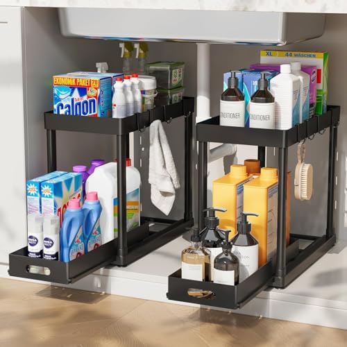 2PC Under Sink Organizer Rack 2 Tier Under Sliding Cabinet Basket Organizer Drawer with 4 Hooks, Multi-purpose Under Sink Storage for Bathroom Kitchen Desktop（Black） by Pougny