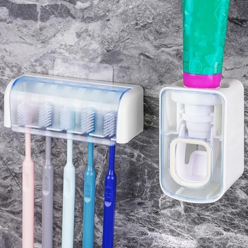 5 Slots Wall Mount Toothbrush Holder with Cover, Self Adhesive Toothbrush Storage Organizer for Shower, Toothbrush Hanger with Automatic Toothpaste Squeezer Dispenser(White + Blue) by LUEXBOX