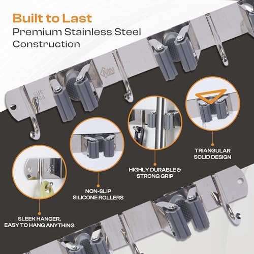 Stainless Steel Broom Holder Wall Mount, 4 Racks & 5 Hooks - Image 4