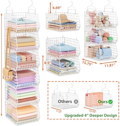 6 Tier Extended Depth Hanging Closet Organizer, Closet Storage Hanging Shelves with Hanging Hooks for Clothes Sweaters Towels Handbags, Stackable Metal Mesh Bins For Closet, Laundry, Bathroom, Dorm - Image 3