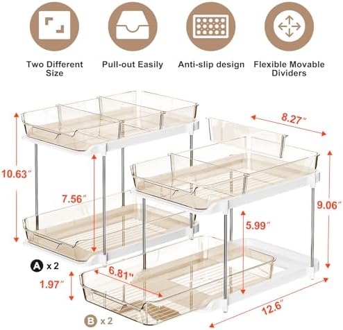 Delamu 2-Tier Multi-Purpose Bathroom Under Sink Organizers and Storage, Stackable Kitchen Pantry Organization, Pull Out Medicine Cabinet Organizer with Movable Dividers, Amber, 4 Pack - Image 2