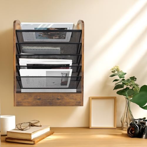 EHWINE Wall File Organizer, 6 Tier Hanging Wall File Organizer with Bottom Tray, Mail Organizer Wall Mount, Wooden Desk Organizer for Office or Home - Image 5
