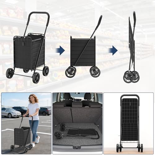 Whitmor Foldable Utility Shopping Cart with Wheels, 60Lb Capacity, Heavy Duty Grocery Cart with Steel Frame, Foam Handle, Rolling Utility Cart for Grocery, Laundry, Travel, Black/w Liner - Image 5