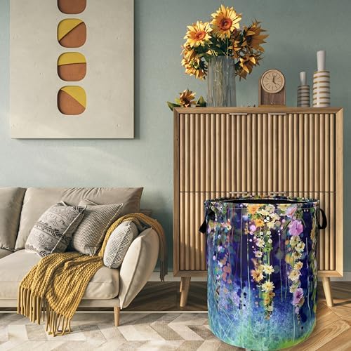 Blue Green Floral Laundry Basket Oxford Cloth Foldable Hamper 18.9x16.5Inch - Image 7