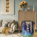Blue Green Floral Laundry Basket Oxford Cloth Foldable Hamper 18.9x16.5Inch - Image 7