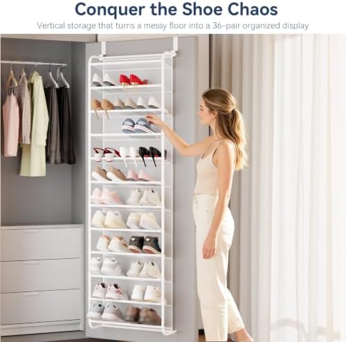 Whitmor 36 Pair Over the Door Shoe Rack,12 Tier Hanging Shoe Organizer with Metal Frame & Mesh Shelves, Heavy Duty Shoe Storage Holder for Door,No Drill Installation, 74"H x 21.7"W x 7.5"D, Matt White - Image 3