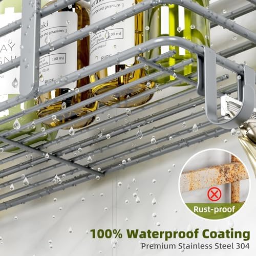 Yougai Shower Caddy, Shower Organizer with Soap Holder and Hooks, Rustproof Shower Shelves, No Drilling Bathroom Organizers and Storage, Wall-Mounted Kitchen & Home Decor, Light Grey - Image 5