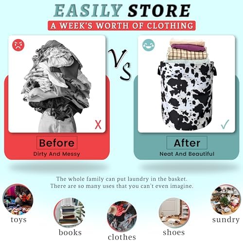 Black White Cows Print Laundry Basket Oxford Cloth Hamper 18.9x16.5Inch - Image 3