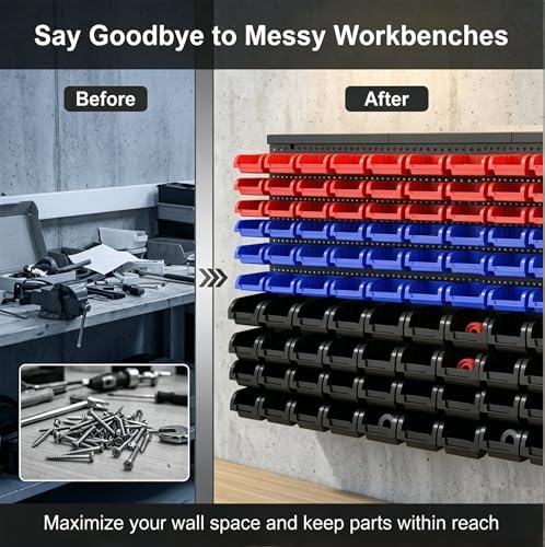 90Pcs Wall Mounted Storage Organizer Bins with Rack, Nuts, Bolts, and Hardware for Screws, Nails, Beads,Small Parts (Red, Blue, Black) - Shop,Garage Tool Storage Solution - Image 3