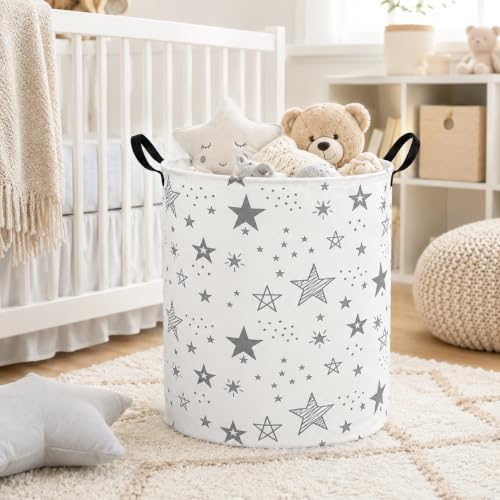 Collapsible Kids Laundry Basket Clothes Hamper, Foldable Storage Organizer Bin, Toy Clothes Storage with Handles for Boys Girls Bedroom, Room Decor Grey Star - Image 4