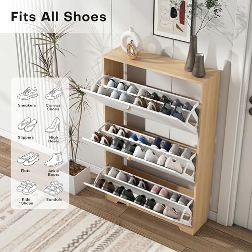Nicetree Shoe Storage Cabinet with 3 Flip Drawers, Natural Oak and White - Image 3