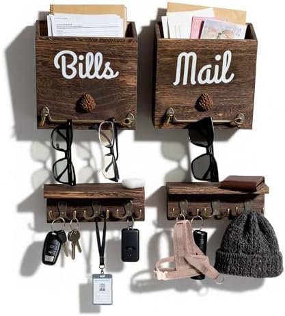 eBun Narrow Wood Mail Holder 2-Pack with 12 Key Hooks by eBun