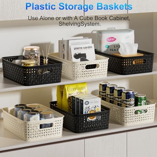 FUCDTEFC Black Plastic Basket, 8 Pack Home Organization and Storage Baskets with Handles, Space Saving Woven Organizer Bins Plastic Storage Basket for Organizing Cabinets,Closets, Shelves, Countertops - Image 4