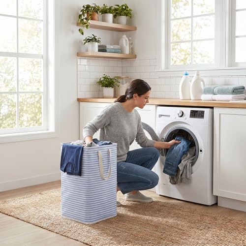 efluky Slim Laundry Basket, Narrow Laundry Hamper with Handles, Collapsible Dirty Clothes Hamper, Tall Laundry Bin for Laundry Room, Dorm and Bedroom, 80L, Striped Blue - Image 6