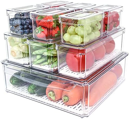 POMEAT 10 Pack Fridge Organizer, Stackable Refrigerator Organizer Bins with Lids, Produce Fruit Storage Containers for Storage Clear for Food, Drinks, Vegetable Storage by Pomeat