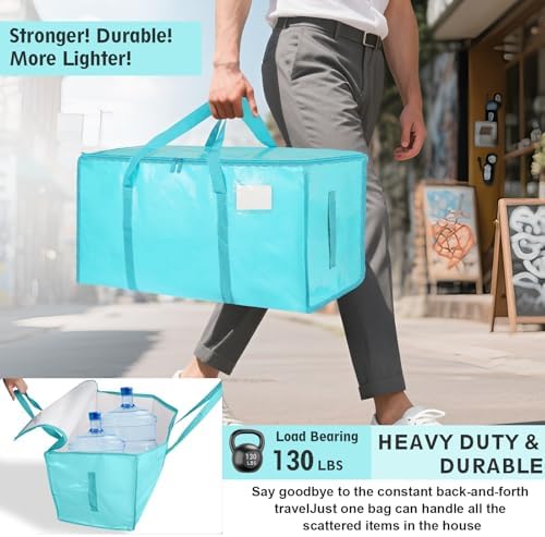 16 Pack-Extra Large Heavy Duty Moving Bags - Waterproof Storage Totes with Handles & Zippers, Foldable for College Dorm, Storage (lake blue) - Image 3