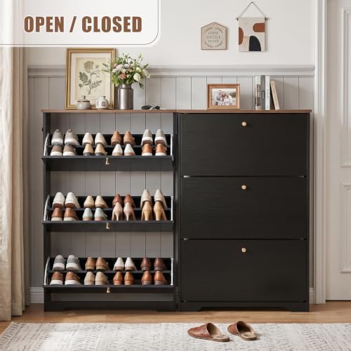 Nicetree Shoe Cabinet, 3 Flip Drawers Slim Black Walnut Top Entry Storage - Image 5