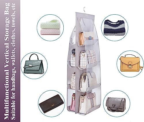 AARAINBOW 2 Packs Hanging Handbag Purse Organizer, Hanging Hand Bag Organizer Wardrobe Closet Purse Holder, 8 Pockets, 43.3L x 14.1W (B Gray Light Pink) - Image 4