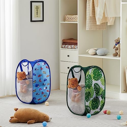 TECHMILLY Collapsible Mesh Pop Up Laundry Hamper with Sturdy Handles and Side Pocket - Portable Foldable Clothes Baskets for Dorm, Bathroom & Travel Storage (Green Leaf) - Image 2
