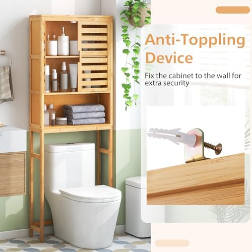 Tangkula Over The Toilet Storage Cabinet, Bamboo Bathroom Space Saver with 2 Doors, Adjustable Bottom Bar, Open Shelf, Freestanding Bathroom Cabinet Organizer Above Toilet for Restroom, Laundry Room - Image 6