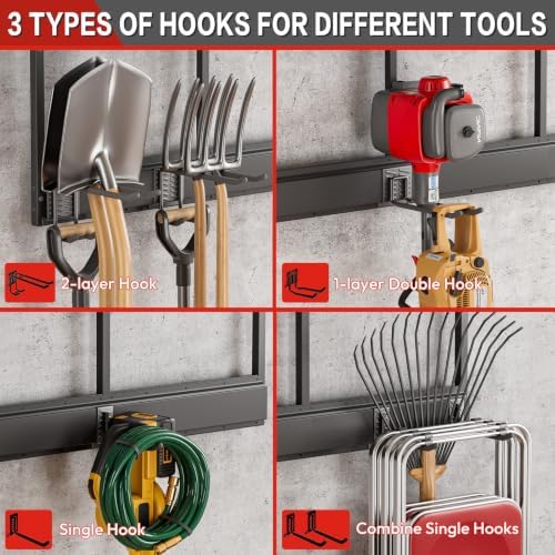 Garage Wall Organizer with Storage Shelves, 32" Garden Tool Organizer with Shelving Units and Hooks Hangers, Heavy Duty Metal Shelf with Shovel Rake Holder, Garage Organization Rack for Yard Shed Lawn - Image 7