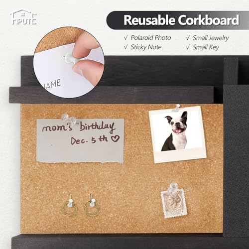 Key Holder for Wall Mount with Mail Organizer, Farmhouse Key Holder for Wall with Shelf, Chalkboard&Corkboard, Entryway Organizer 11 Metal Hooks, Decorative Natural Pine Wood, 14.6*11.1*3.3”, A-Black - Image 4