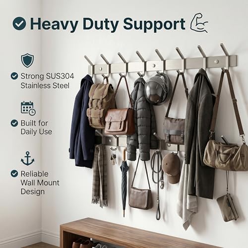 Coat Rack Wall Mount – Brushed Nickel 24 Inch Stainless Steel Hook Rail with 8 Heavy Duty Double Coat Hooks – Wall Mounted Coat Hanger for Entryway, Bathroom, Bedroom, Towel, Hat Organizer - Image 5