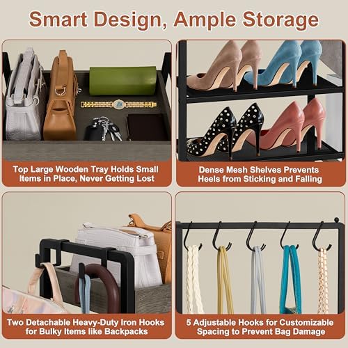 2-in-1 Shoe and Purse Rack, 5-Tier Shoe Rack with Wooden Tray & 7 Hooks, Industrial Metal Shoe Shelf with Removable Shelves for Entryway, Front Door Entrance, Closet, Boot Storage, Black - Image 4