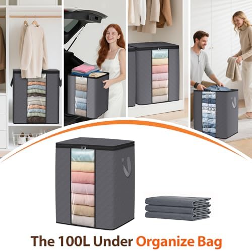 SpaceWhisper 3 Pack 100L Clothes Storage, Foldable Storage Bags, Grey | Thick Fabric, Clear Window, with Reinforced Handle, for Clothing, Blanket, Comforters, Bedding Organizing - Image 6
