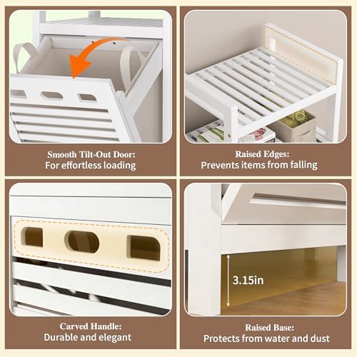 VASMIA Tilt Out Laundry Hamper,Bamboo Laundry Storage Cabinet with Shelf,10 Gal Hidden Laundry Basket Organizer for Bathroom,Laundry Room,White - Image 6