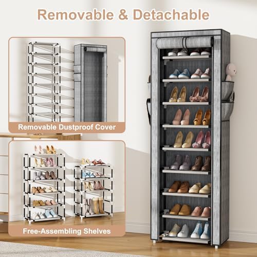 VILICK Shoe Rack with Cover Narrow Shoe Rack Organizer with 4 Side Pockets 10 Tier Tall Shoe Storage Shoe Shelf Holds 18-22 Pairs Shoes and Boots Shoe Rack for Closet, Printing - Image 6