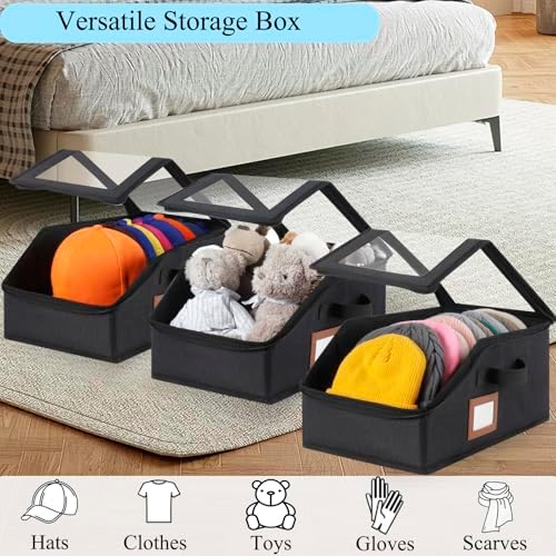 6 Pack Hat Storage for Baseball Caps-Holds Up to 56 Caps, Hat Organizer for Closet Stackable Hat Box with Cardboard, Dust-proof Beanie organizer with 2 Handles for Home Travel (Black, 6Pack-Small) - Image 3