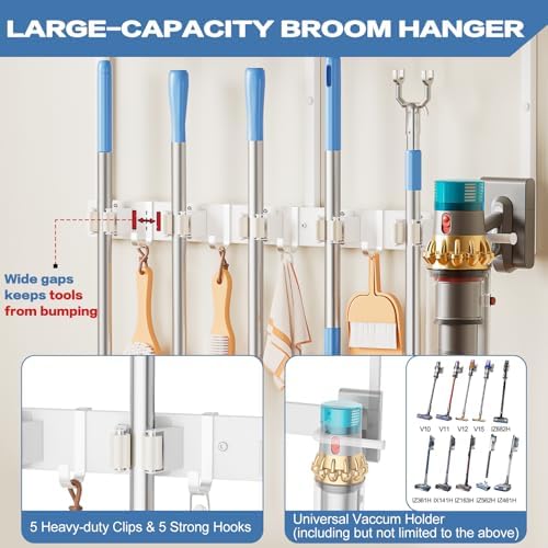Broom Holder Wall Mount with Cleaning Supplies Organizer, Laundry Room Organization and Storage Shelf with Mop Hanger Rack Gripper Hooks, Utility Shelf Closet Organizer Floating Shelves for Garage - Image 3
