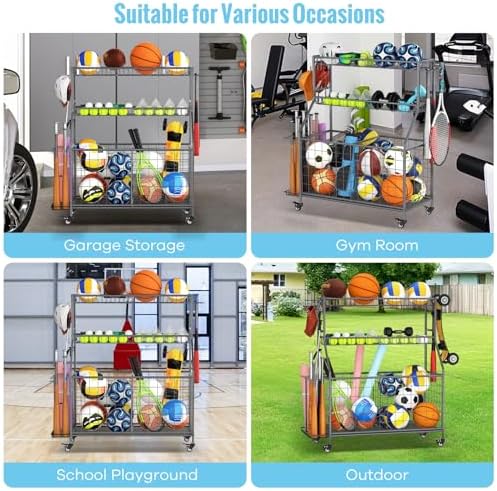WUC Sports Equipment Garage Organizer - Garage Ball Storage Rack with Basket, Hooks and Rolling Cart for Sports Gear and Toy Storage, Grey - Image 6