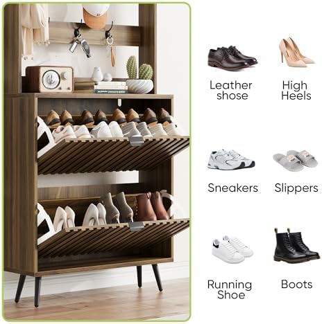 Smart FENDEE Tall Shoe Cabinet with Coat Rack,Fluted Shoe Cabinet Storage for Entryway, Walnut Hidden Shoe Cabinet with Metal Legs,Shoe Organizer Cabinet, Slim Entryway Shoe Storage Cabinet （31.5in） - Image 5