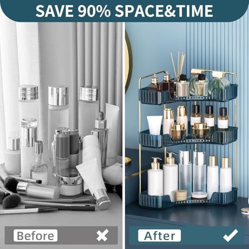 Corner Bathroom Counter Organizer Bathroom Countertop Shelf Makeup Organizer for Vanity Perfume Tray for Corner Storage (3 Tiers, Blue) - Image 3