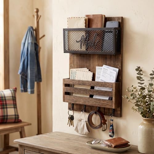 Yalikop Mail Organizer Wall Mount with Key Hooks, 2-Slot Wood Mail and Key Holder, Rustic Farmhouse Wall File for Entryway, Letter and Bill Sorter Organizer for Files, Keys and Magazines - Image 6